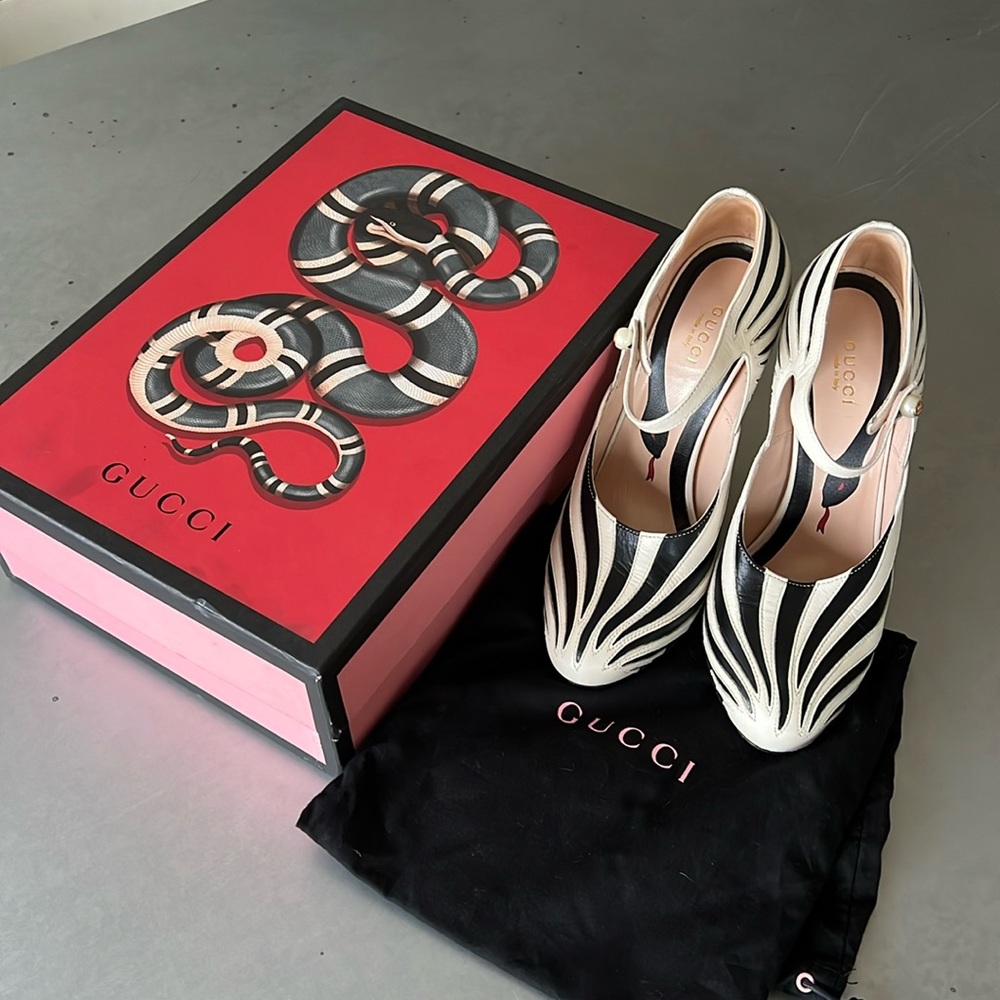 Authentic Gucci zebra print heels, size 38 (7.5), 5in heel